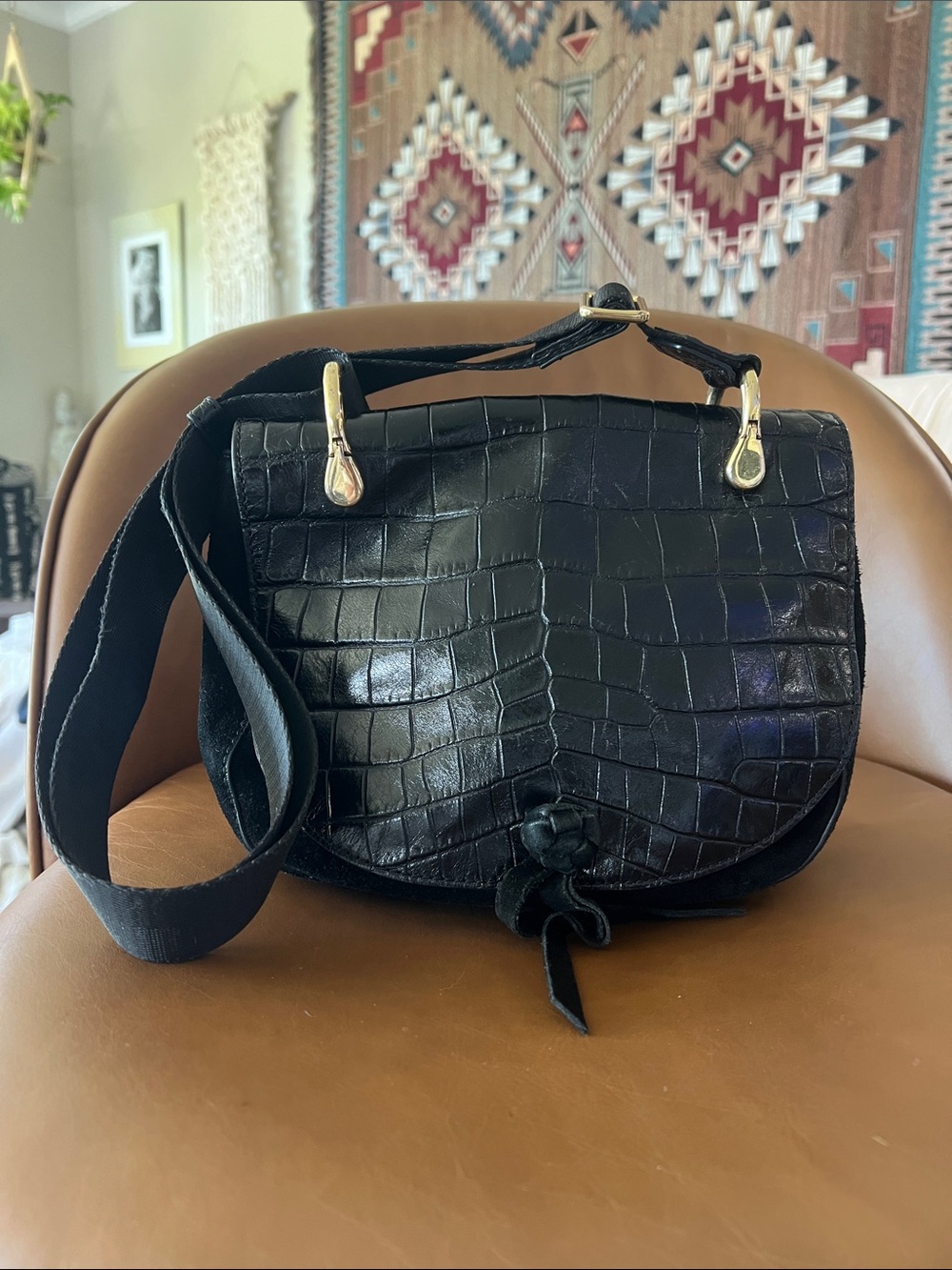 Elizabeth and James Black Croc-Embossed Leather and Suede Saddle Bag